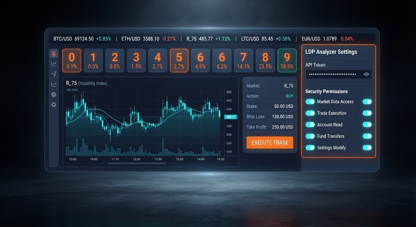 The LDP analyzer interface showing the API token setup field and security permissions for connecting to Deriv.