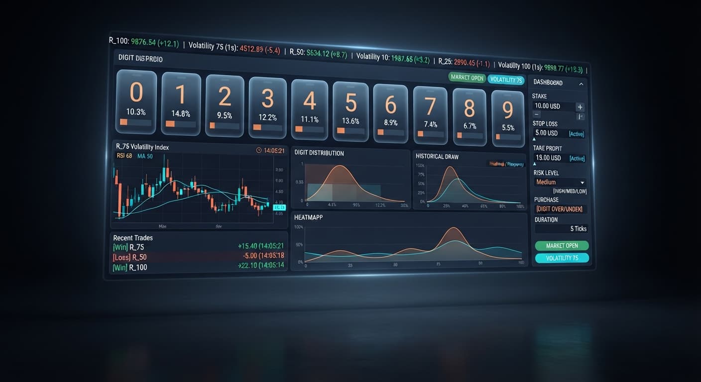 Screenshot of the LDP analyzer interface showing the 0-9 digit frequency heatmap used for last digit trading on Deriv binary bots.