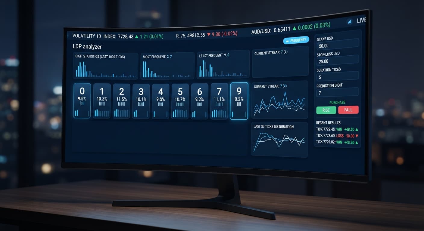 Screenshot of the LDP analyzer interface on BinaryBot.live displaying live digit frequency charts for the Volatility 10 Index.