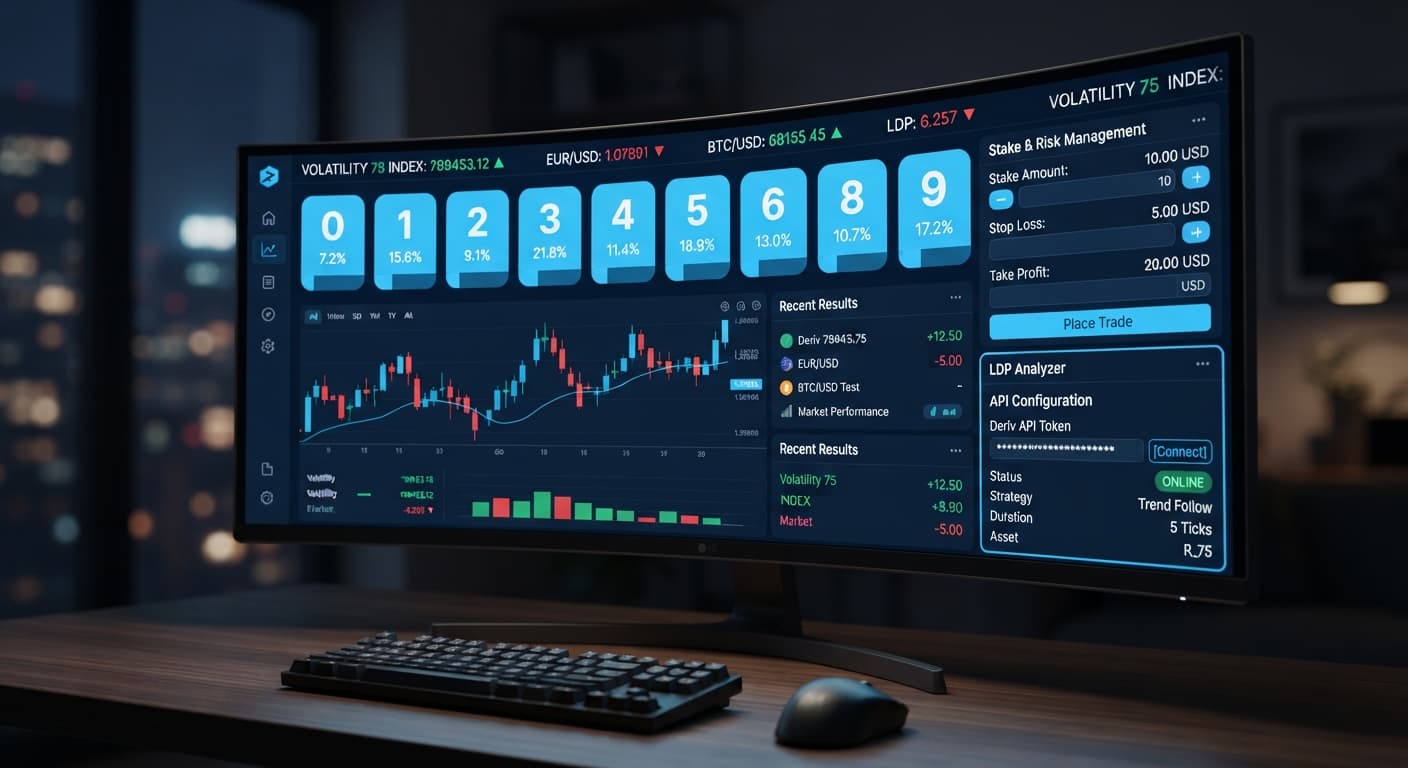 Screenshot of the LDP Analyzer interface showing the Deriv API token input field and connection status indicator for automated trading.