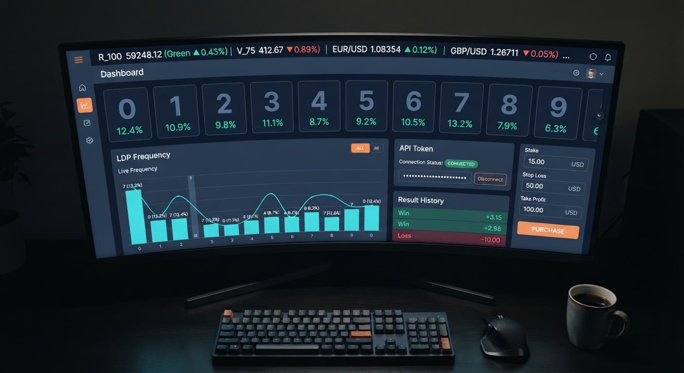 Screenshot of the LDP analyzer interface on BinaryBot.live showing real-time digit frequency charts and API token input field.
