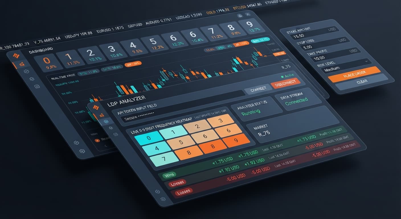 Screenshot of the LDP Analyzer interface showing the API token input section and real-time digit frequency heatmap for Deriv volatility indices.