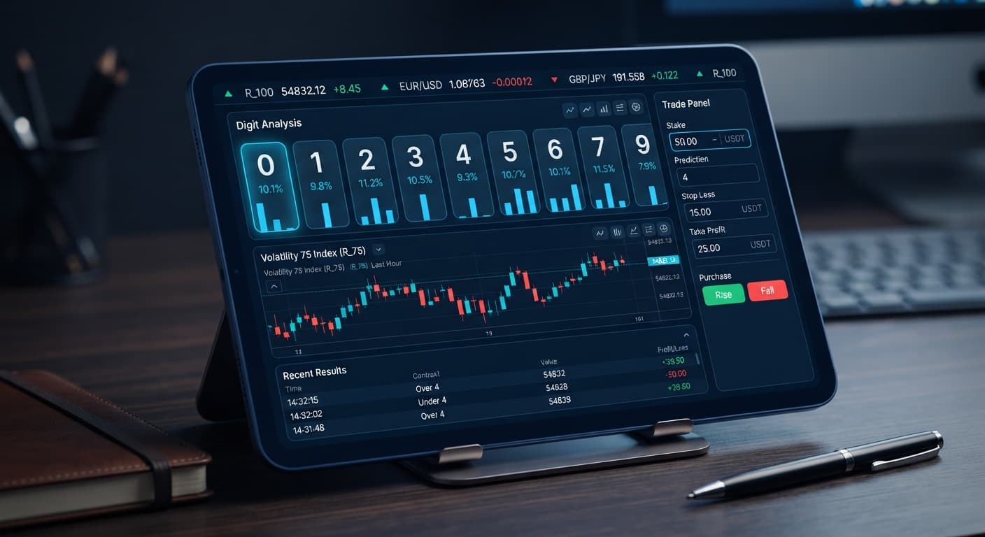 Screenshot of the BinaryBot.live platform showing the LDP analyzer digit frequency chart alongside stake and stop loss configuration settings.