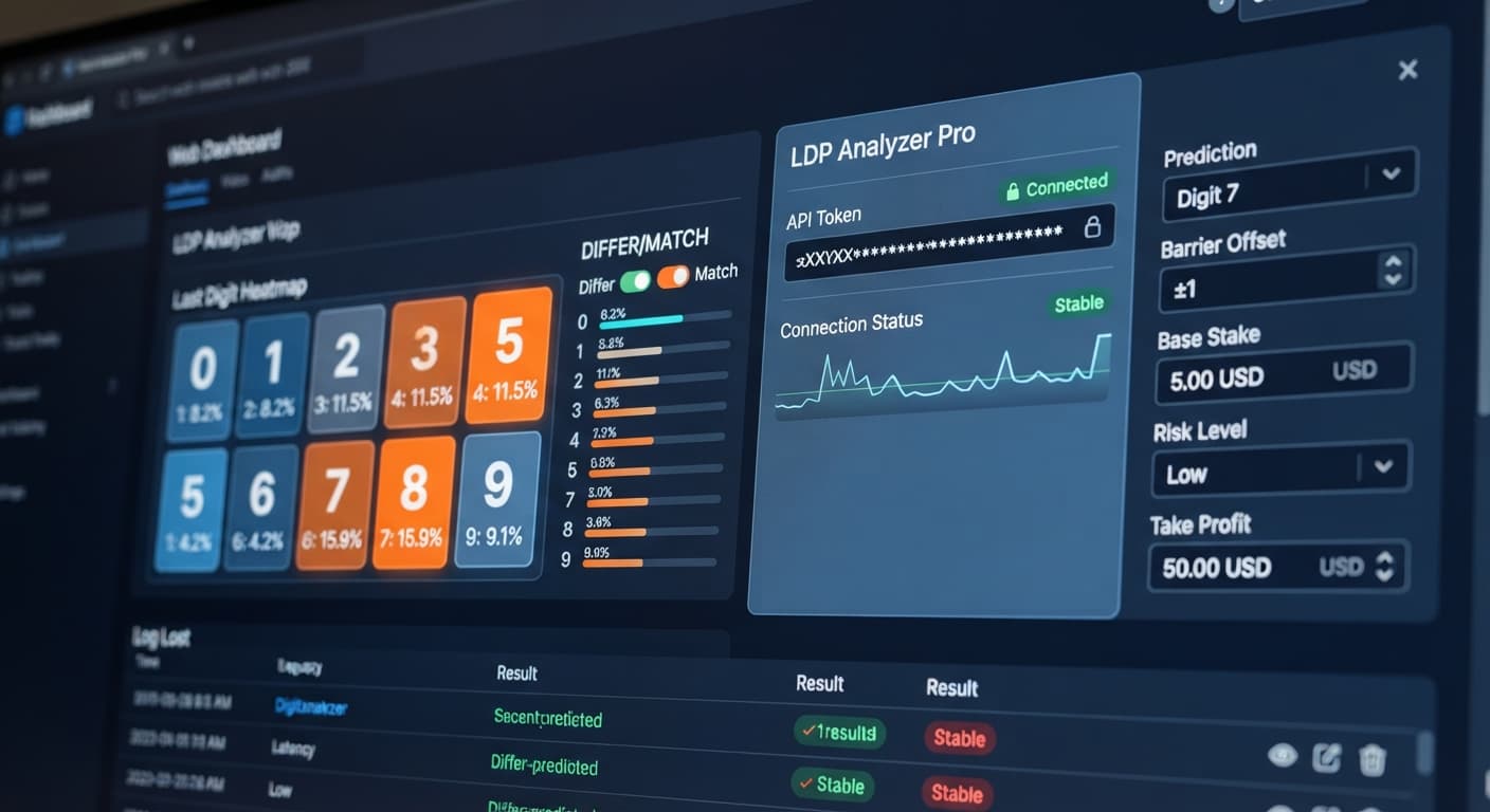 The LDP Analyzer Pro interface showing the API token input field and secure connection status indicator for Deriv bots.