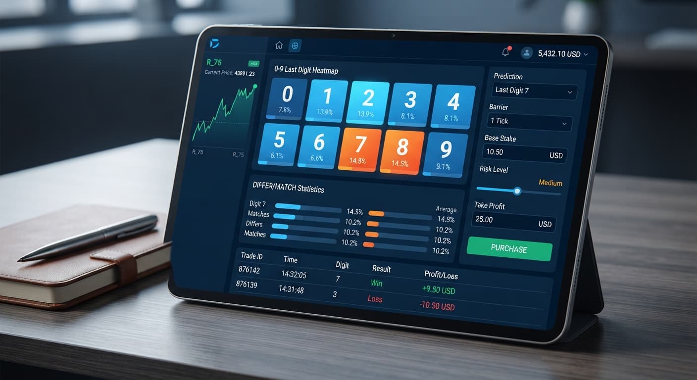Screenshot of the LDP Analyzer Pro interface showing the 0-9 digit frequency distribution chart and prediction statistics for Deriv bots.