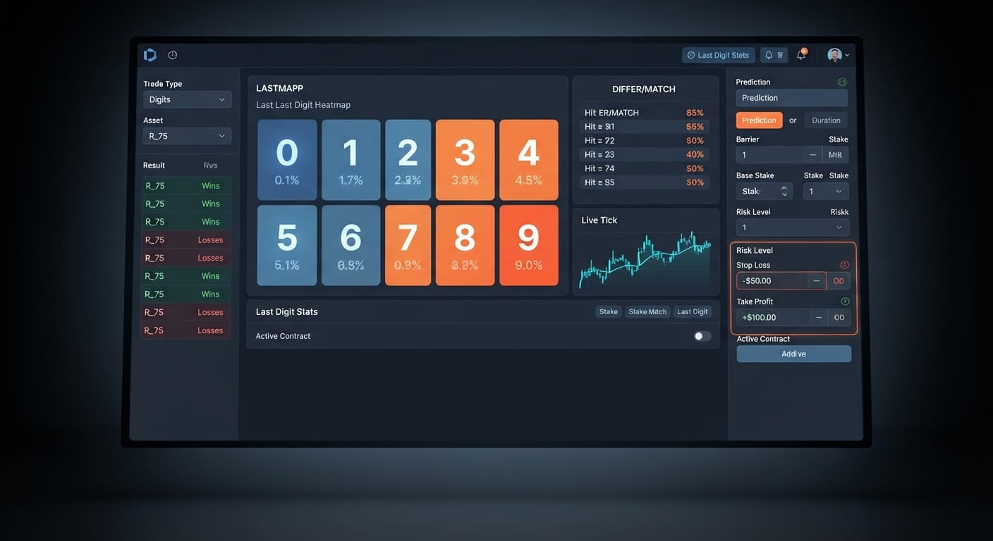 The risk management panel in LDP Analyzer Pro showing configured stop loss and take profit input fields for Deriv digit trading.