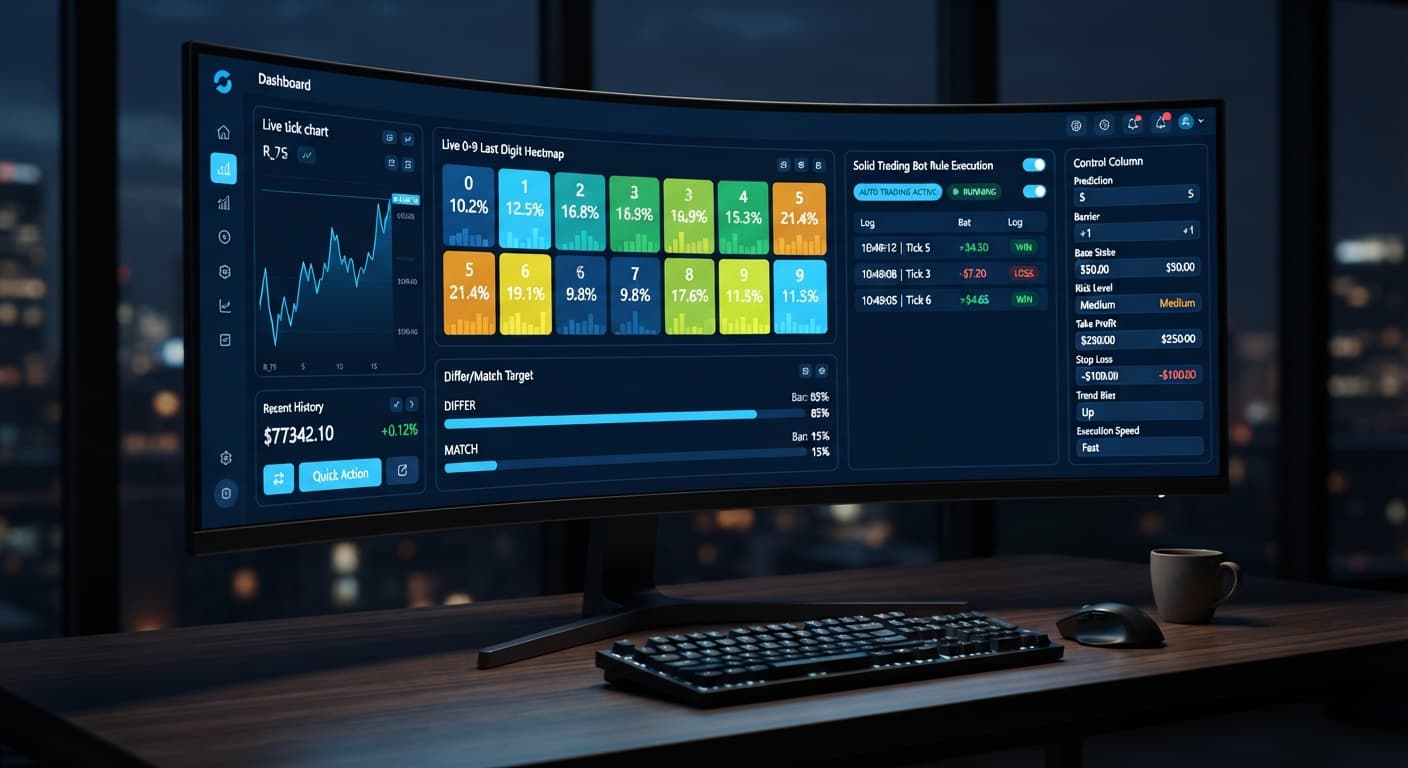 Screenshot comparing the LDP Analyzer Pro 0-9 heatmap interface with the Solid Trading Bot execution panel on Deriv.