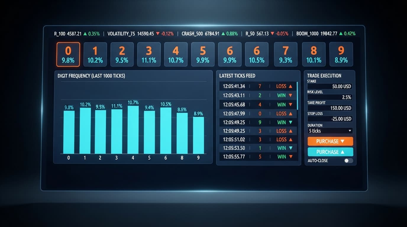 Screenshot of the LDP Analyzer interface showing the 0-9 digit frequency distribution chart and live ticks feed for Deriv trading bots.