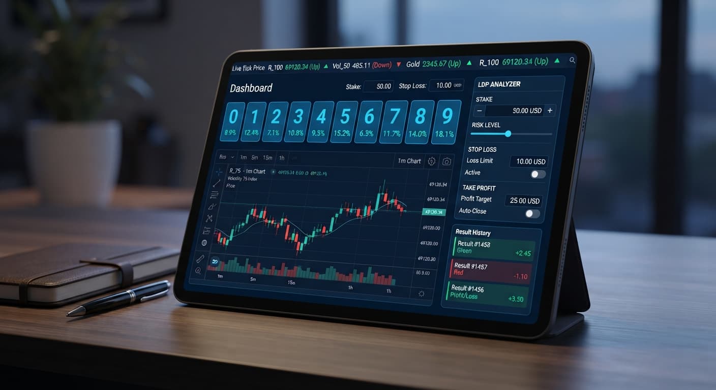 Screenshot of the LDP Analyzer interface highlighting stake, stop loss, and take profit settings for small accounts on Deriv volatility indices.