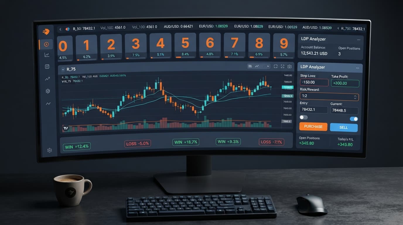 Screenshot of the LDP Analyzer interface showing the stop loss and take profit configuration settings for automated binary bots.