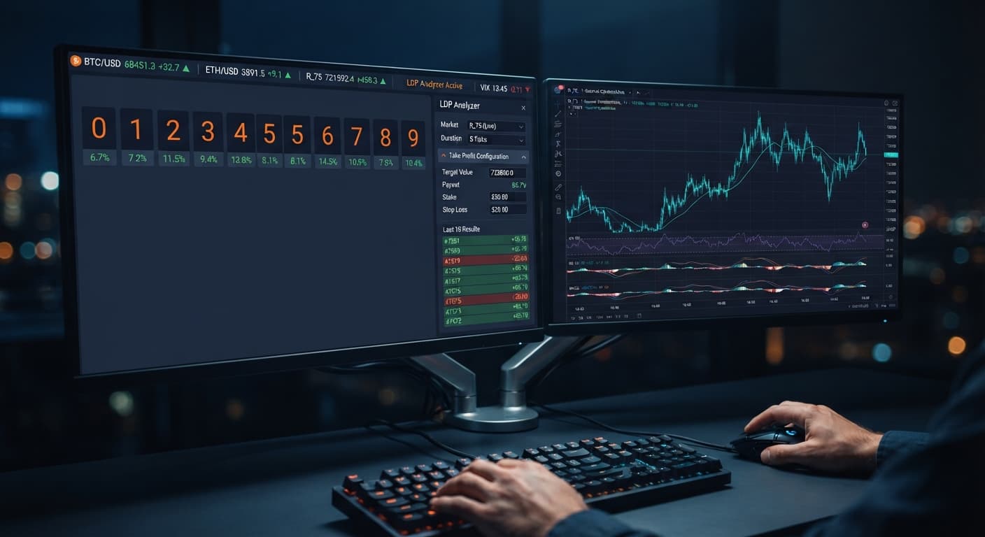 Screenshot of the LDP Analyzer interface highlighting the take profit settings configuration panel for binary bot trading.