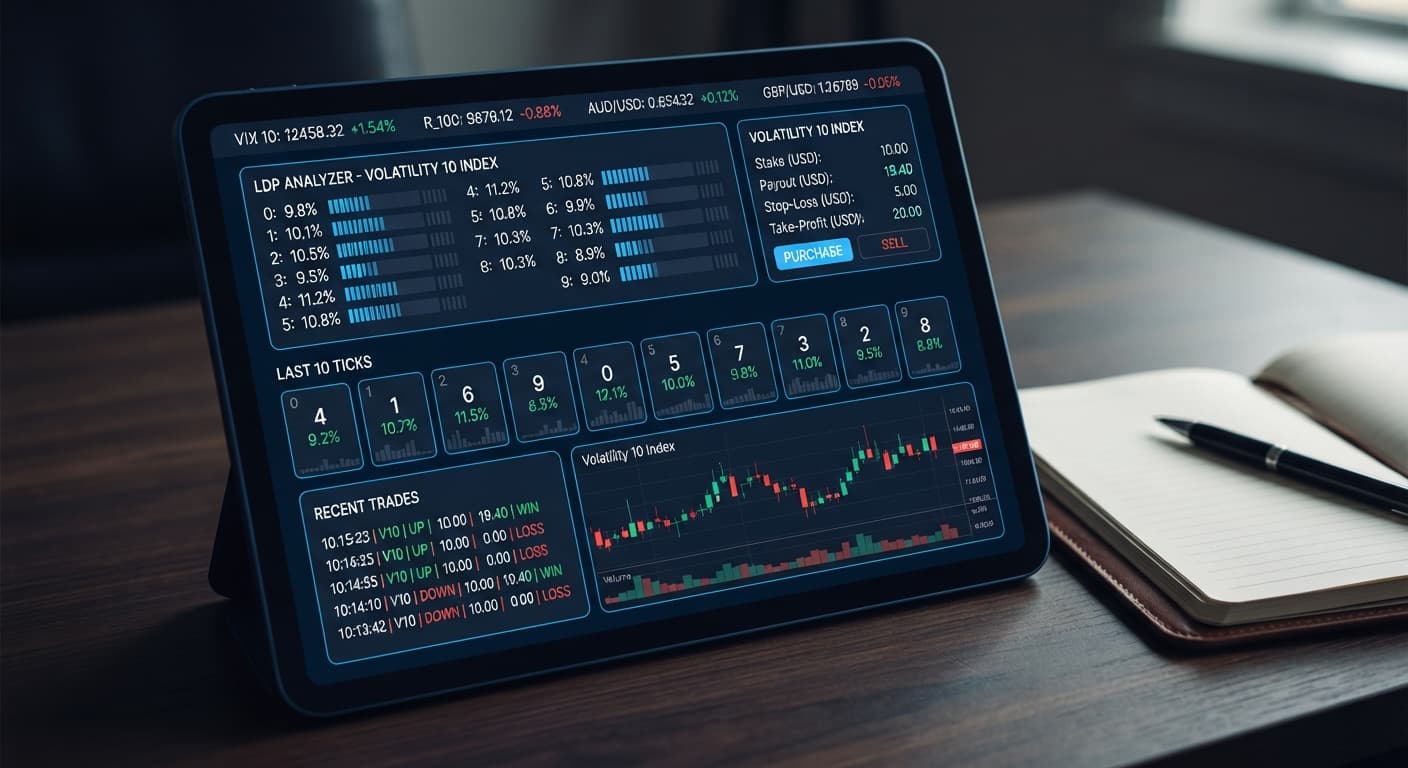 Screenshot of the LDP Analyzer interface displaying real-time digit frequency statistics for the Volatility 10 market on BinaryBot.live.