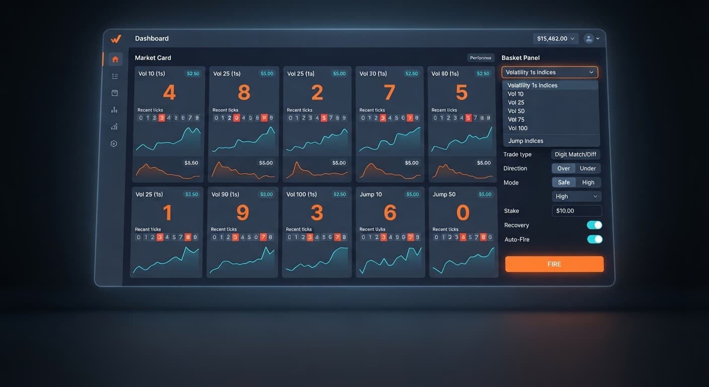 The multi shot deriv bot interface showing the market dropdown selector comparing Volatility 1s Indices and Jump Indices.