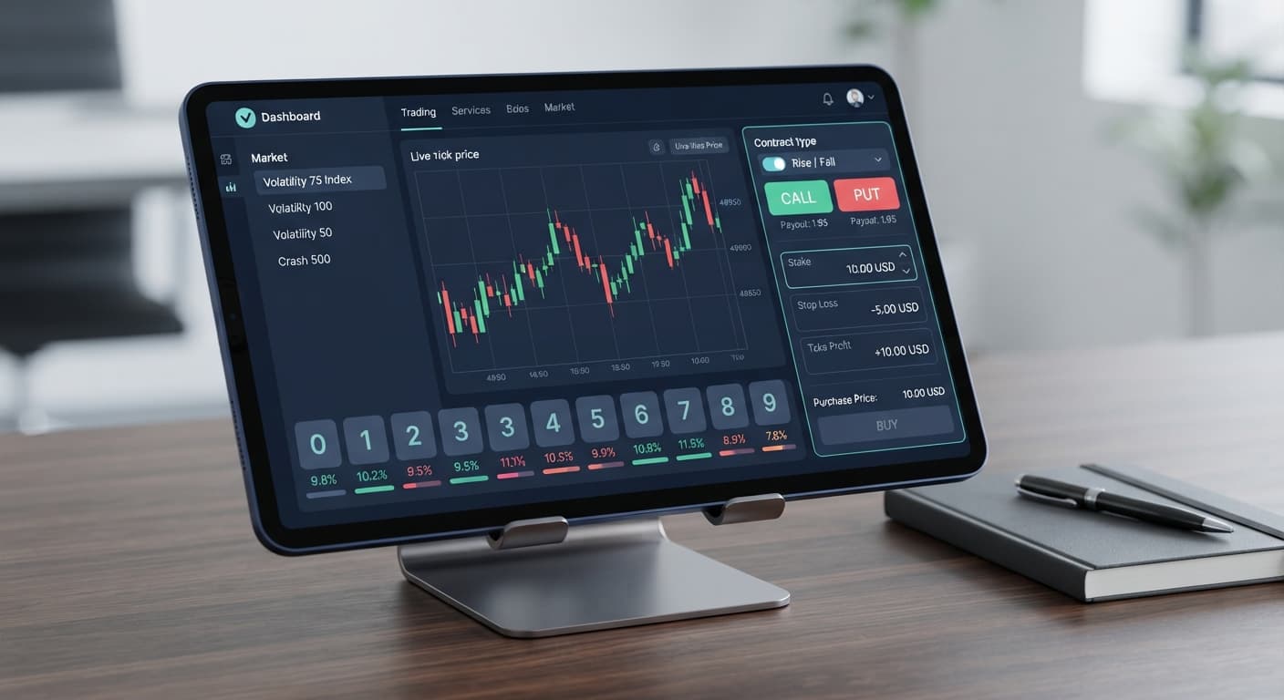 A screenshot of the BinaryBot interface showing the Rise and Fall contract configuration panel for Deriv trading.