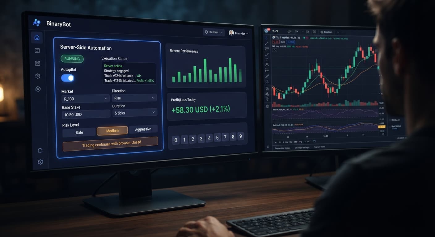 Screenshot showing the Autopilot activation toggle and server-side execution status monitor on the BinaryBot trading platform.