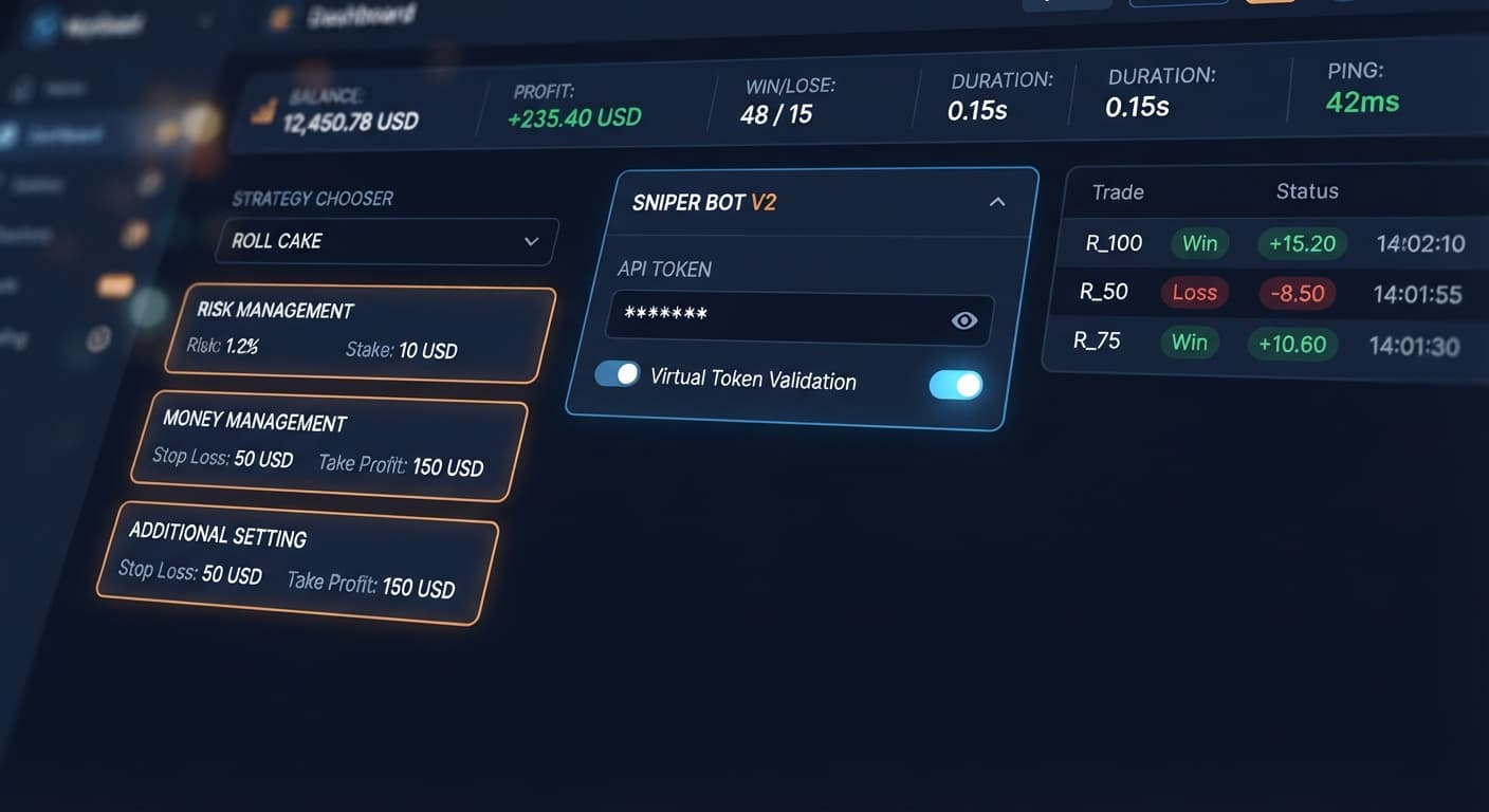 The Sniper Bot V2 interface showing the API token input field and virtual token validation toggle switch for Deriv accounts.