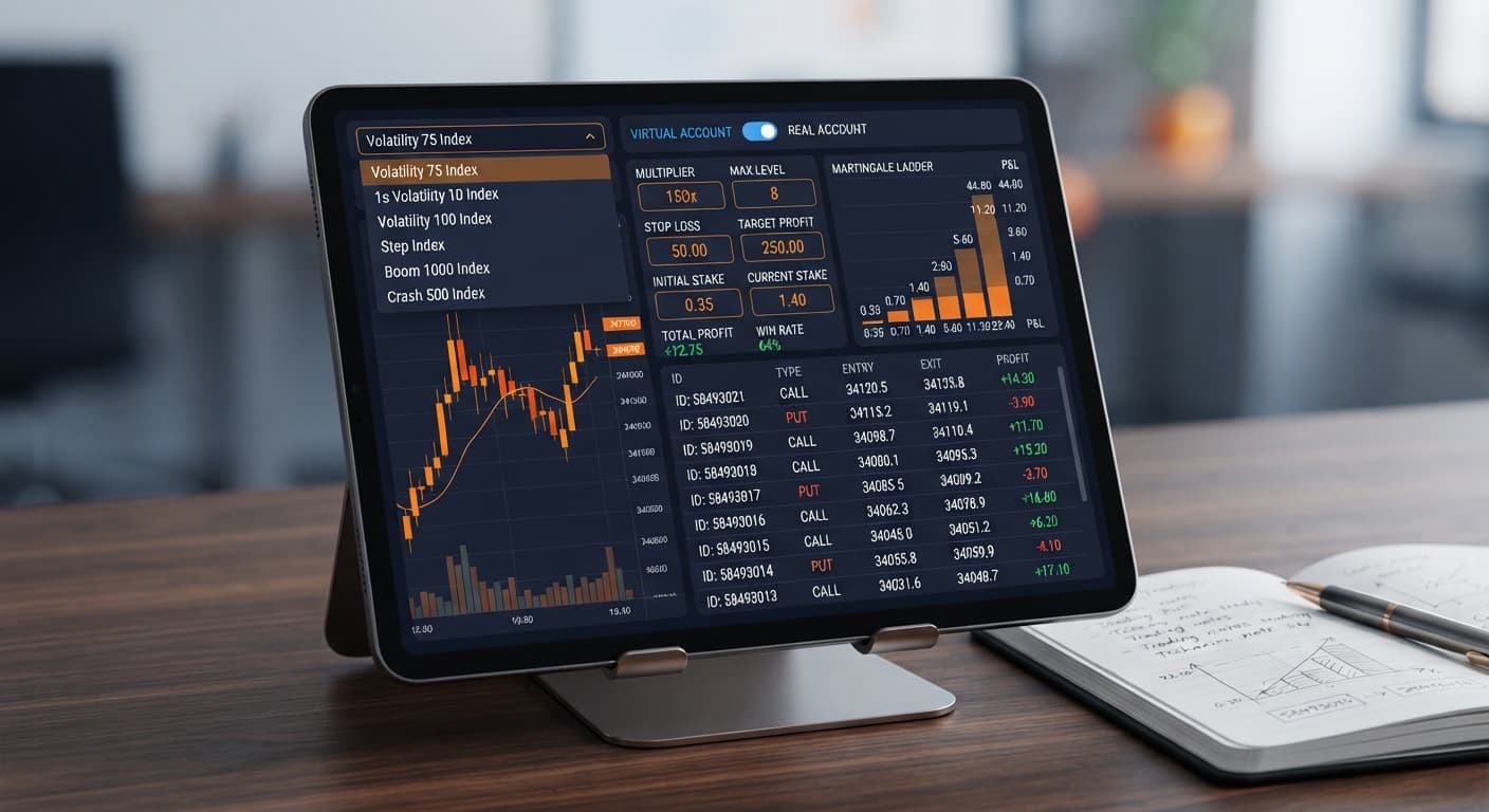 The sniper bot v3 interface showing the market selector dropdown for comparing Volatility Indices.