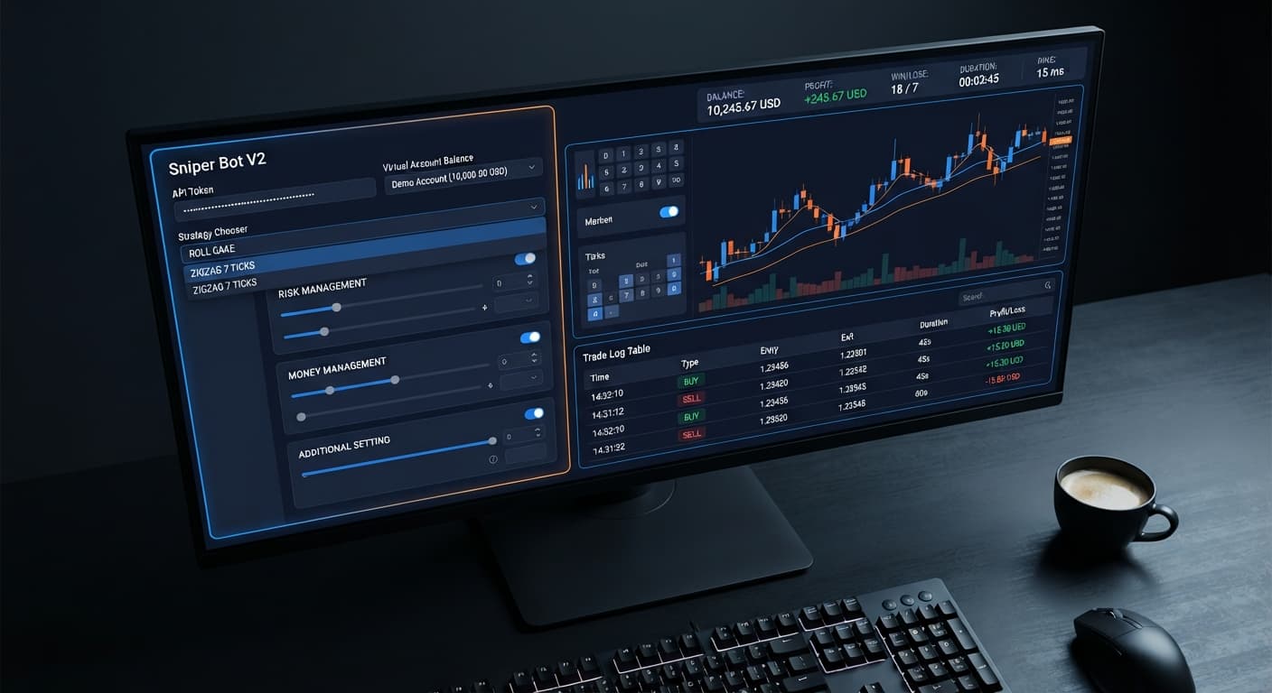 Screenshot showing the Sniper Bot V2 interface highlighting the virtual token input and demo account balance settings.