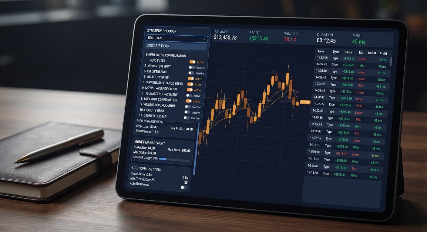 The sniper bot v2 interface showing the dropdown menu with eleven configurable automated trading strategies for Deriv platforms.