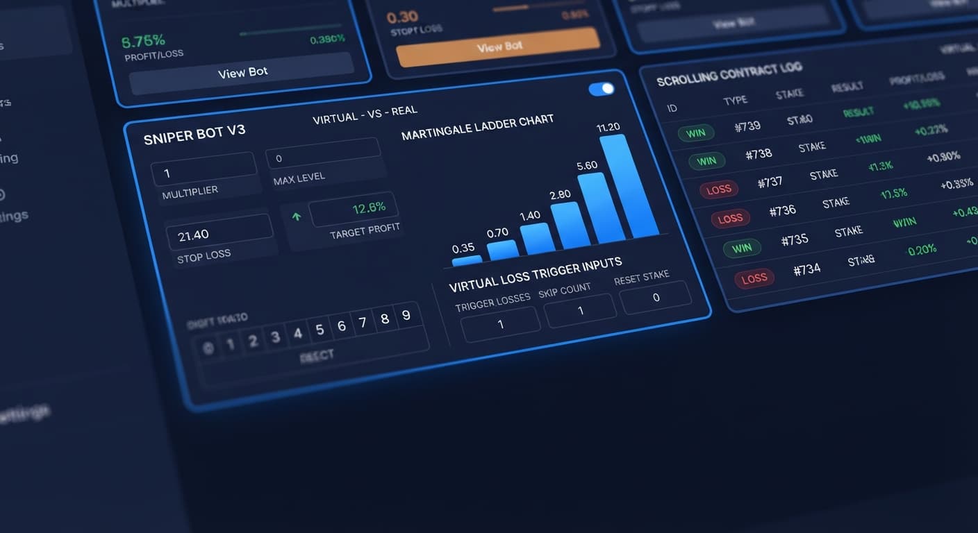 A screenshot showing the stake progression ladder and virtual loss inputs in the Sniper Bot V3 interface.