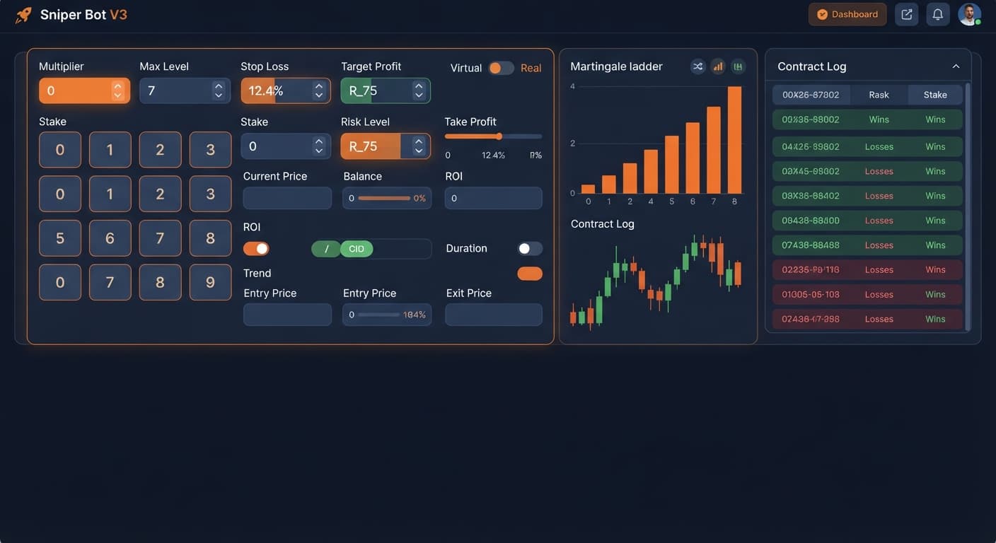 Screenshot showing the Sniper Bot V3 dashboard interface focused on stake inputs and Martingale settings for Deriv automated trading.