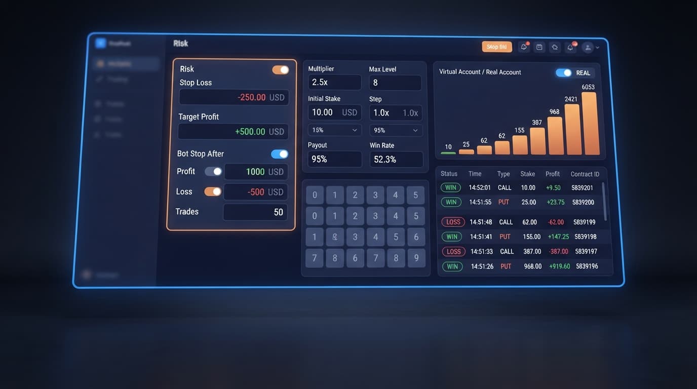Screenshot of the Sniper Bot V3 interface highlighting the risk management panel with stop loss and target profit input fields.