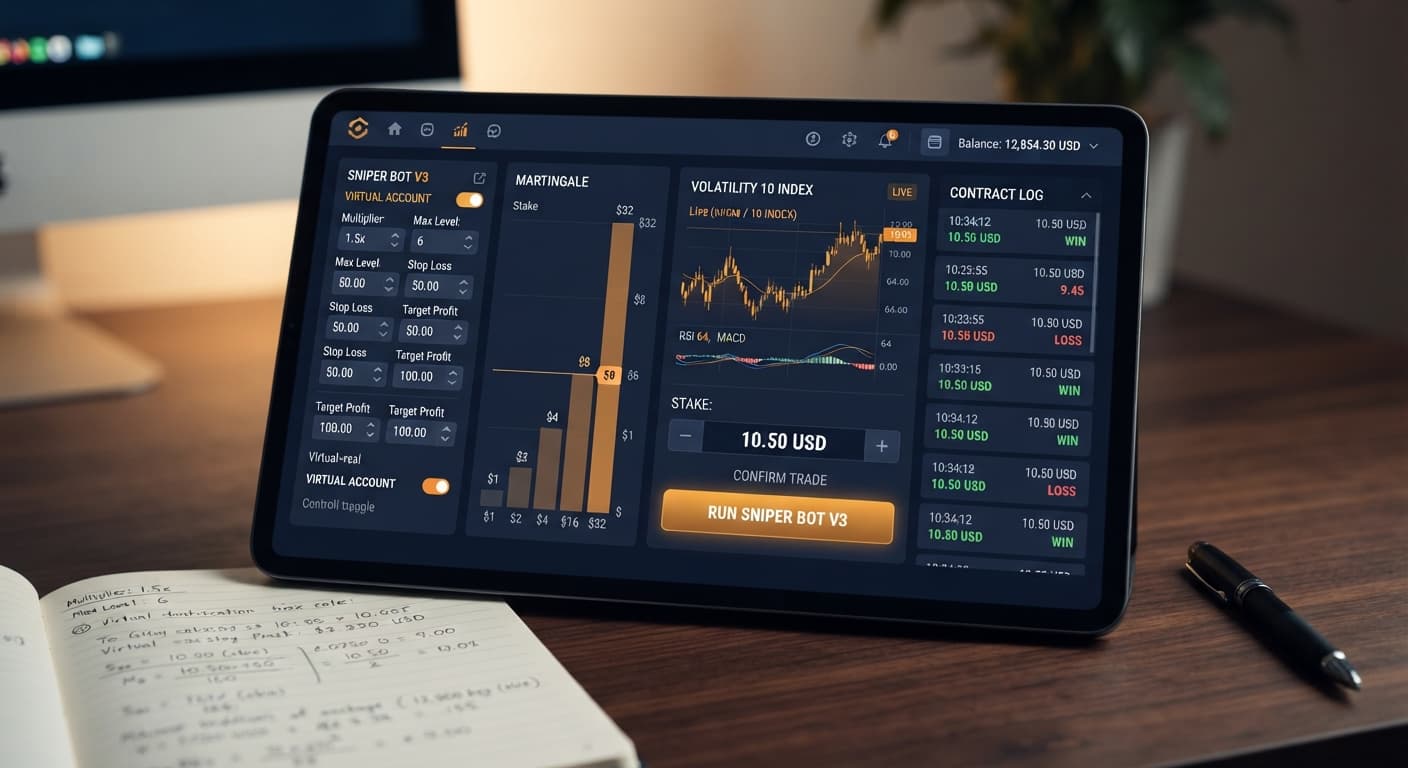 Screenshot of the BinaryBot.live interface showing the Volatility 10 Index settings panel for Sniper Bot V3.