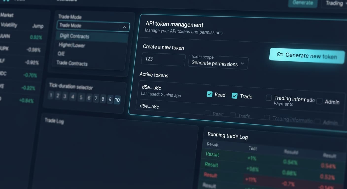 Screenshot of the Deriv API token management interface showing how to generate a token for the Solid Trading Bot on BinaryBot.live.