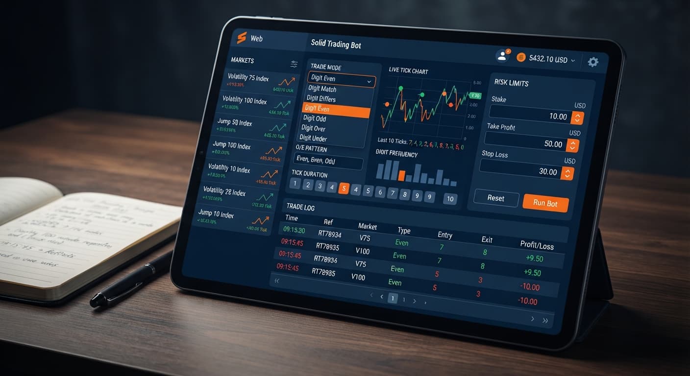 The Solid Trading Bot settings panel showing trade mode selectors, pattern configuration fields, and risk limit inputs for Deriv automated trading.