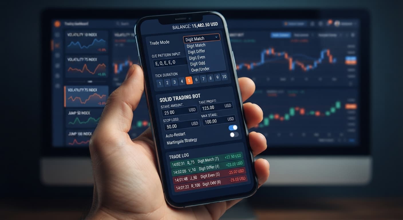 Screenshot of the Solid Trading Bot configuration panel on BinaryBot.live showing the virtual account balance and stake input fields for automated binary trading.