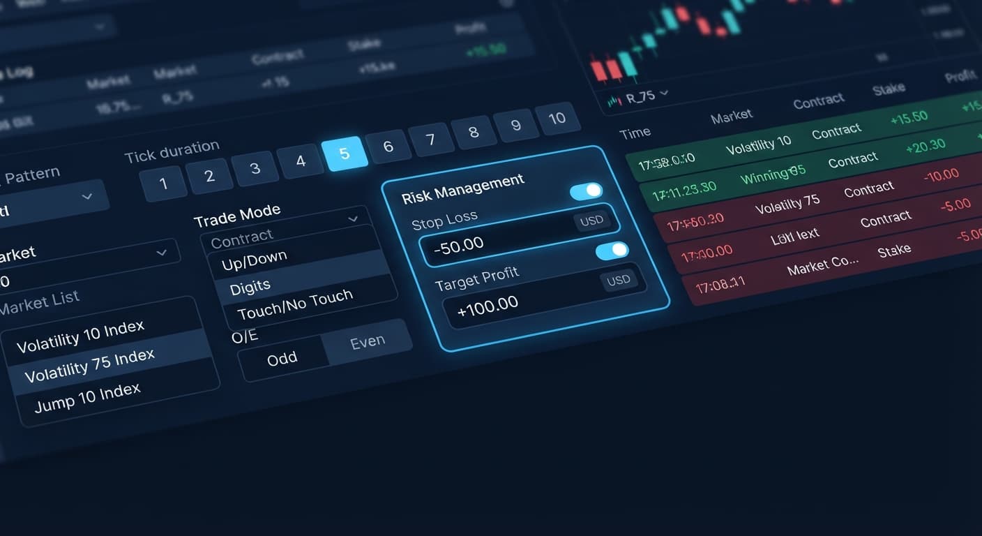 The risk management panel showing the stop loss and target profit input fields on the solid trading bot interface.