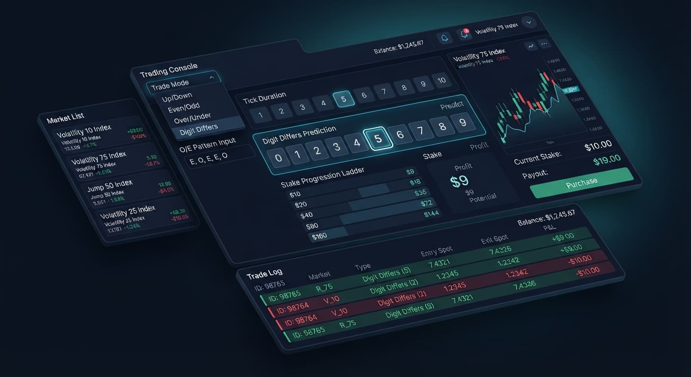 Screenshot of the solid trading bot on BinaryBot.live showing the digit differs prediction selector and stake progression ladder.