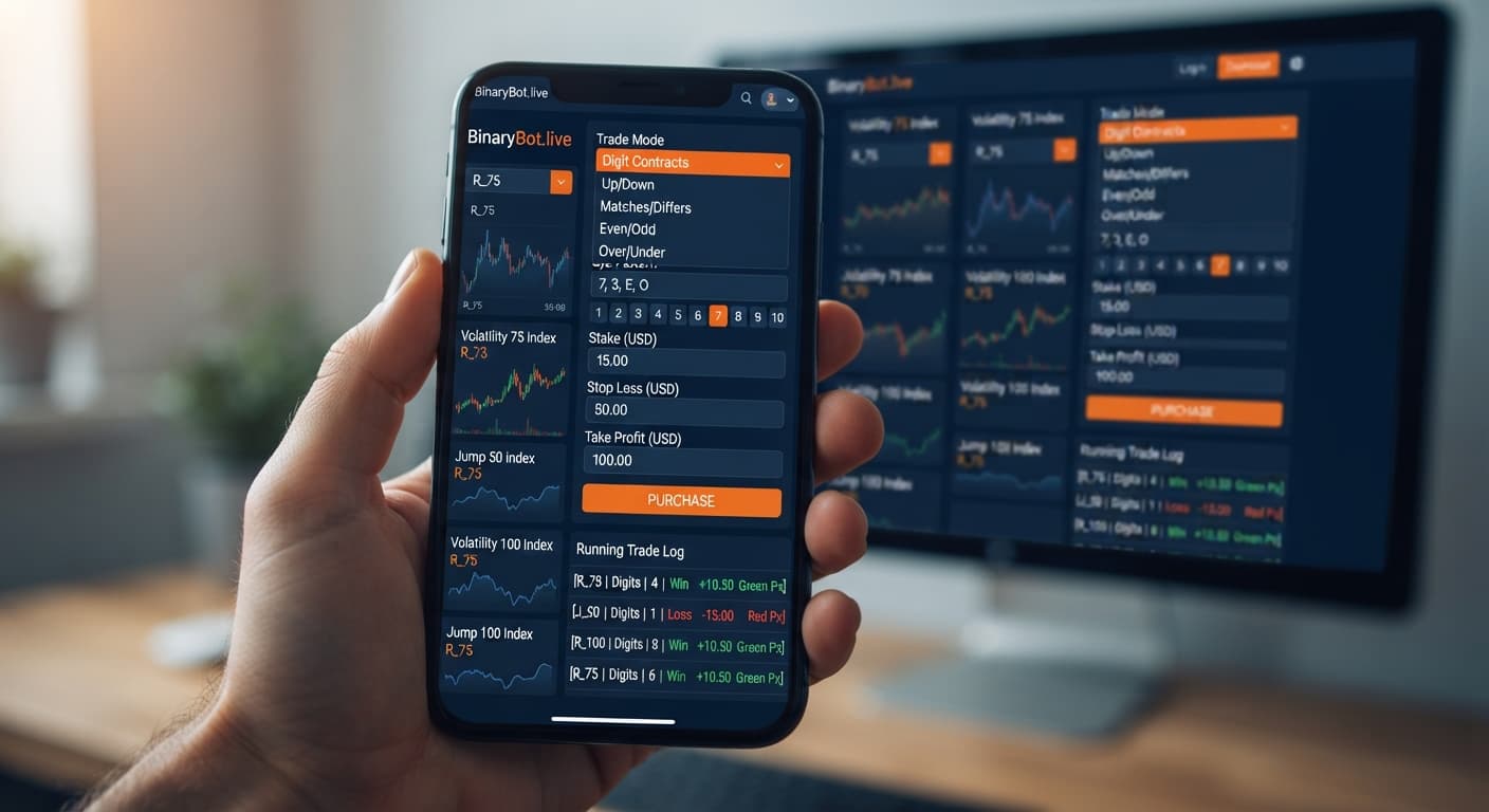 A screenshot showing the configuration panel on BinaryBot.live with solid trading bot settings entered into the input fields.