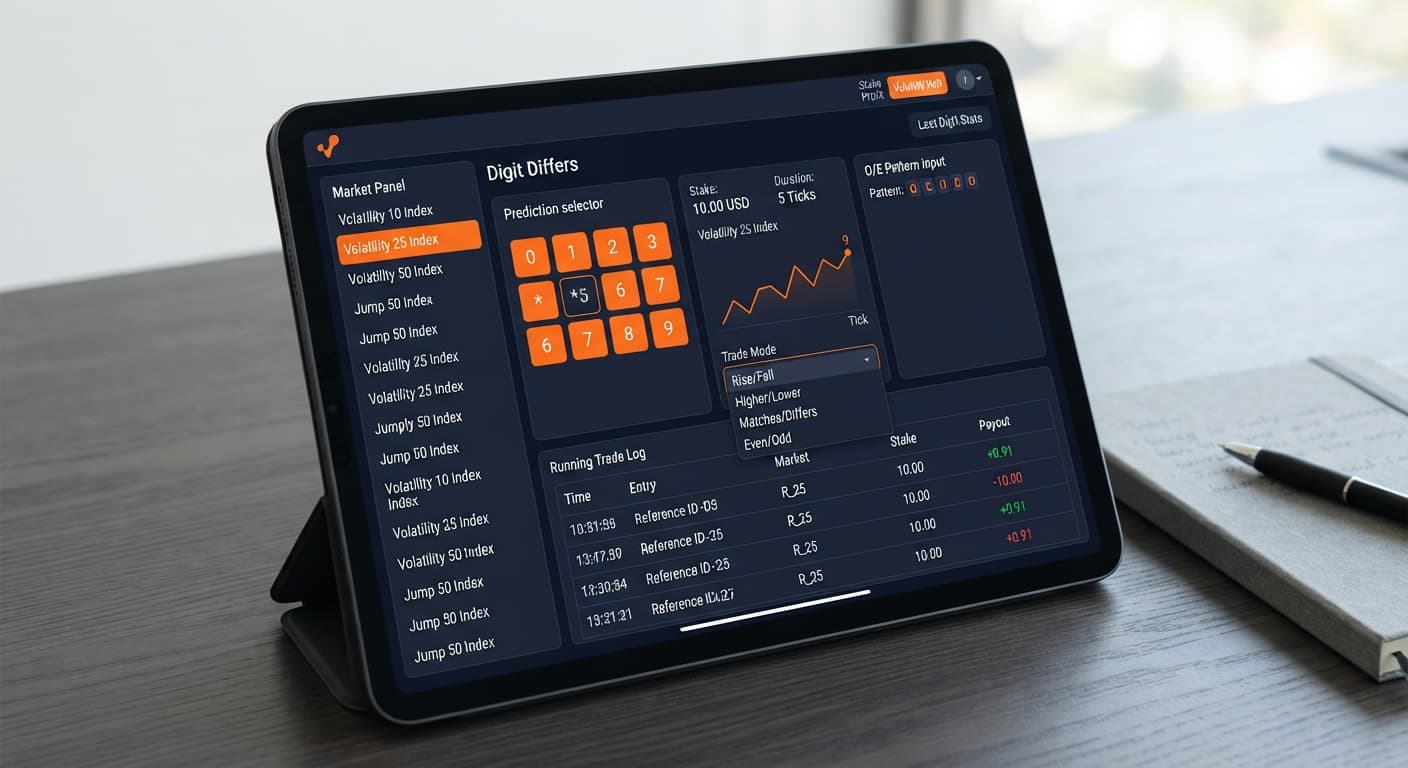 Screenshot of the solid trading bot interface showing the Volatility 25 Index market and the Digit Differs prediction settings on BinaryBot.live.