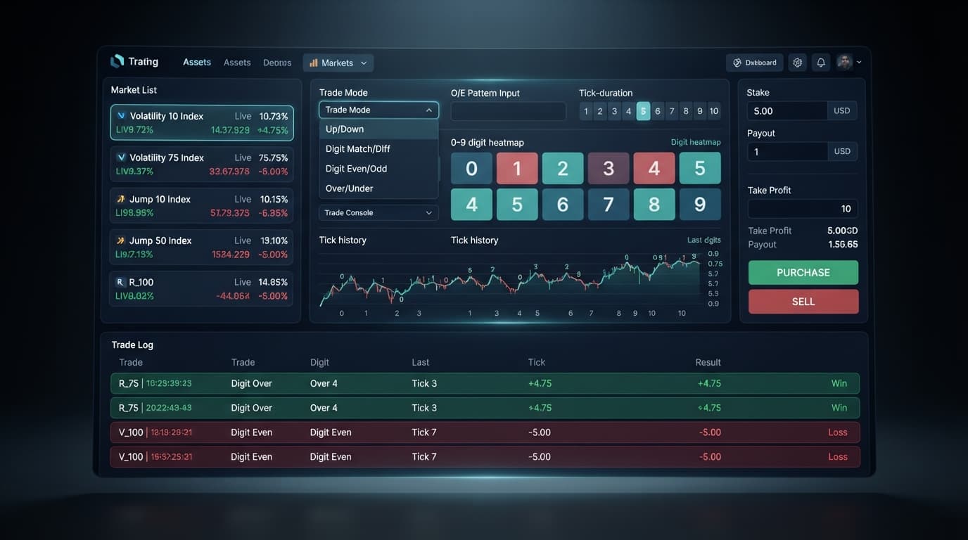 A screenshot of the BinaryBot.live dashboard showing the digit heatmap and configuration panel for a Deriv digit trading bot.