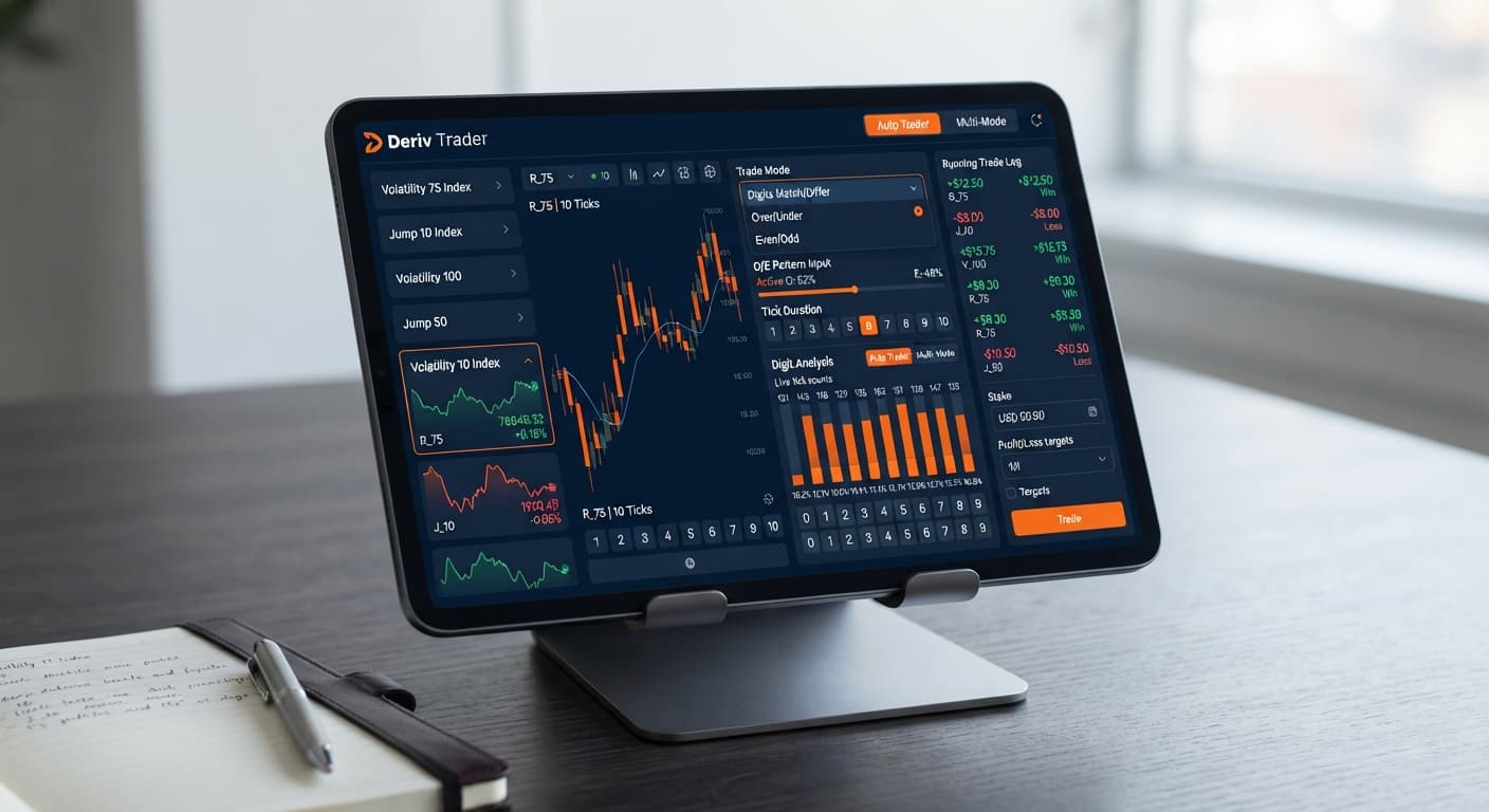 Screenshot of the automated trading bot interface displaying multi-mode controls and digit analysis tools for Solid Trading Bot and Sniper Bot v3.