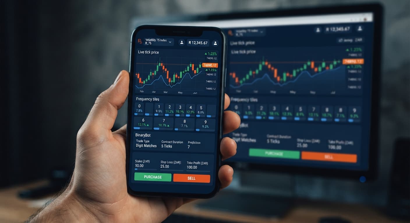 A screenshot of the BinaryBot browser platform displaying the ZAR account balance and digit contract selector for South African traders.