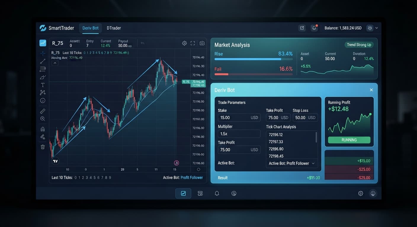 Screenshot of the BinaryBot.live interface highlighting the stake progression settings and tick chart analysis panel for the tick picker tool.