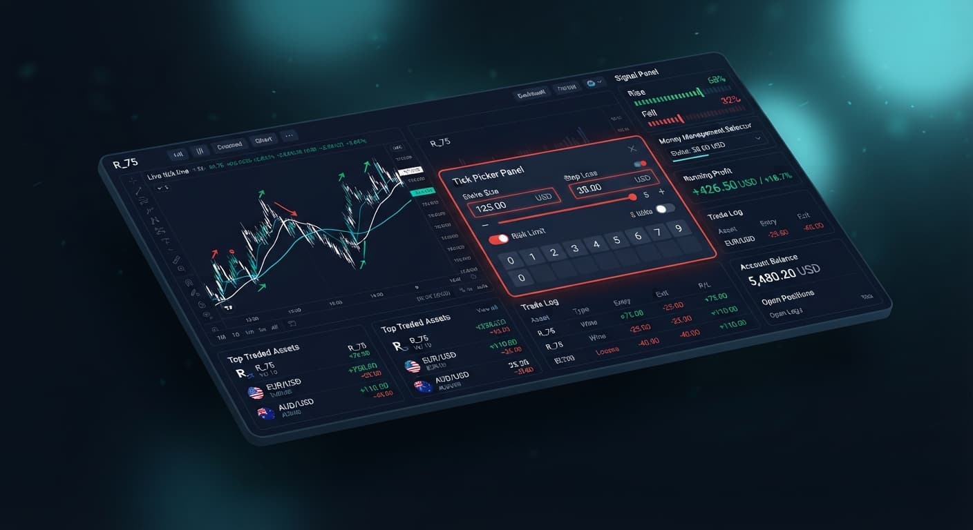Screenshot of the BinaryBot.live interface highlighting the Tick Picker configuration panel for stake and stop loss settings.