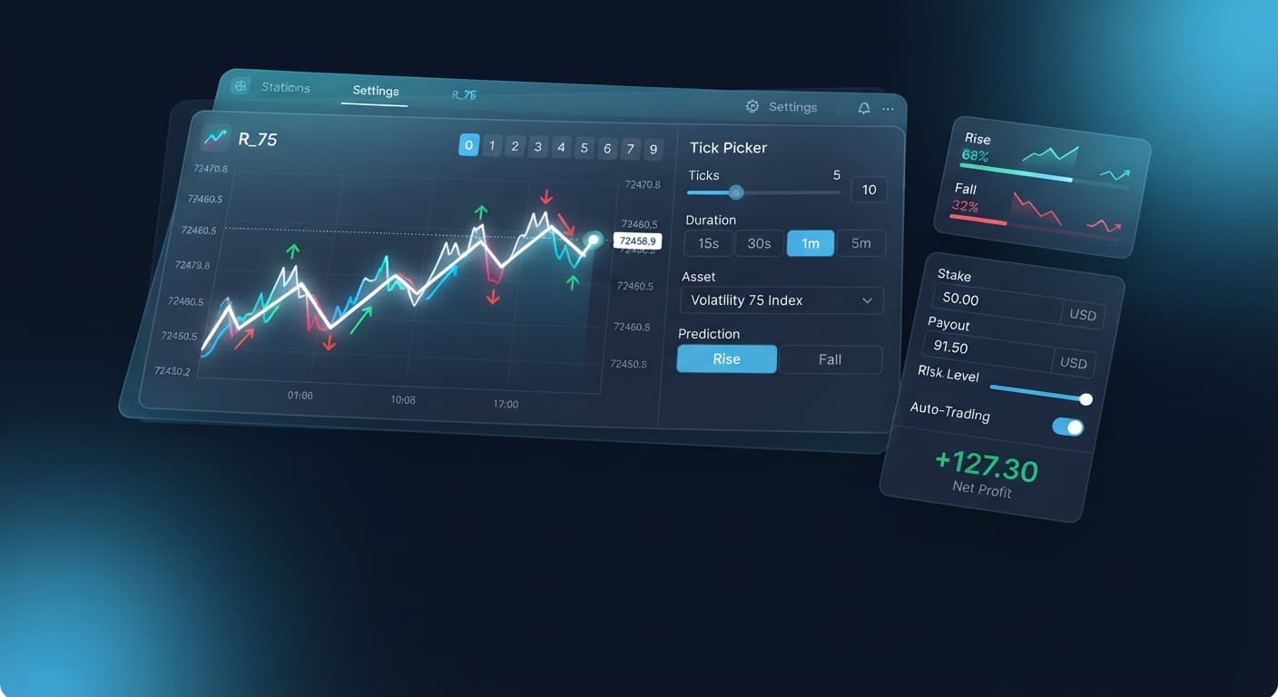Screenshot of the Tick Picker interface on BinaryBot.live showing live tick chart analysis and Rise Fall setup controls.