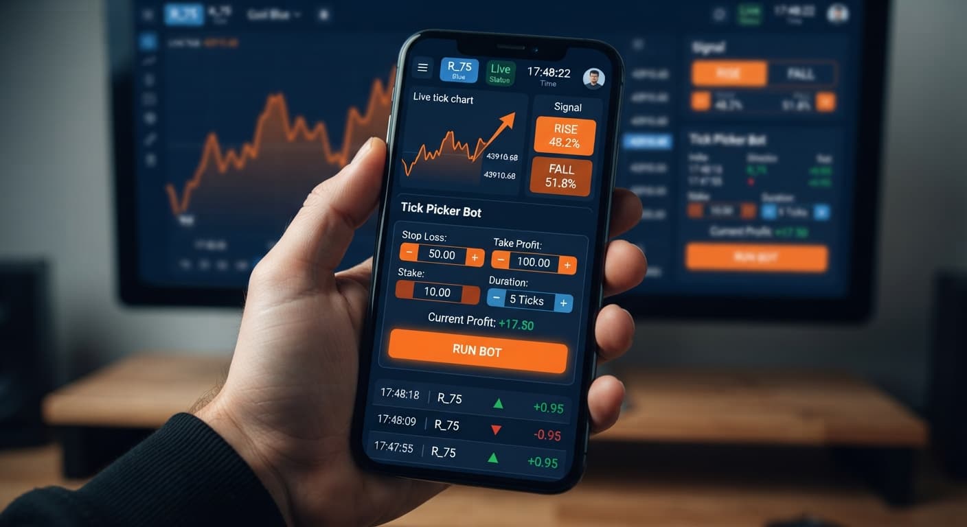 The stop loss and target profit configuration panel inside the tick picker deriv trading bot interface on BinaryBot.live.