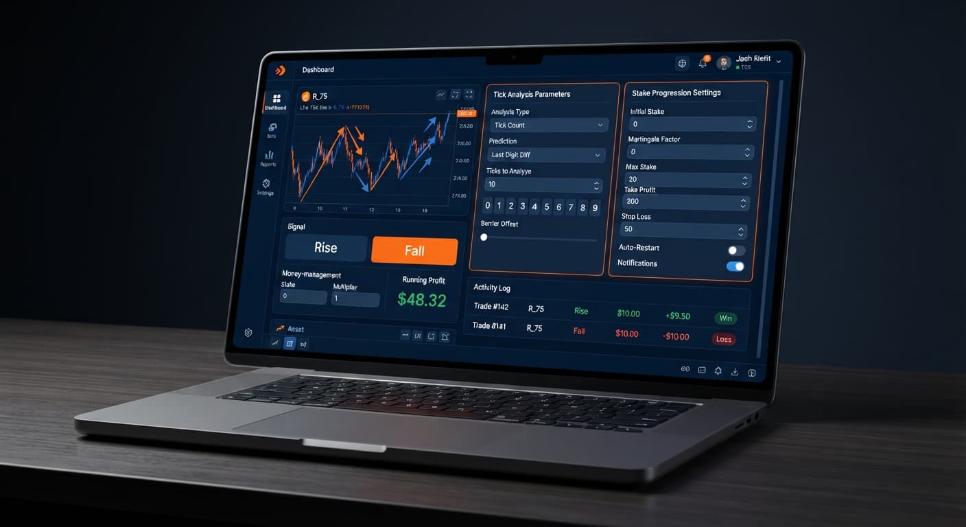 Screenshot of the BinaryBot.live interface comparing Tick Picker and Dualshot configuration settings for automated trading.