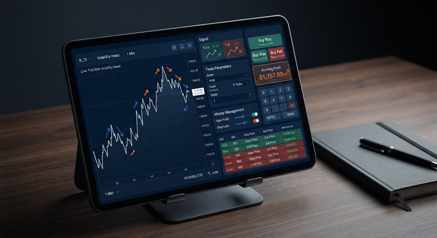 A split interface view showing the tick picker settings next to manual trade buttons on the Deriv trading platform.