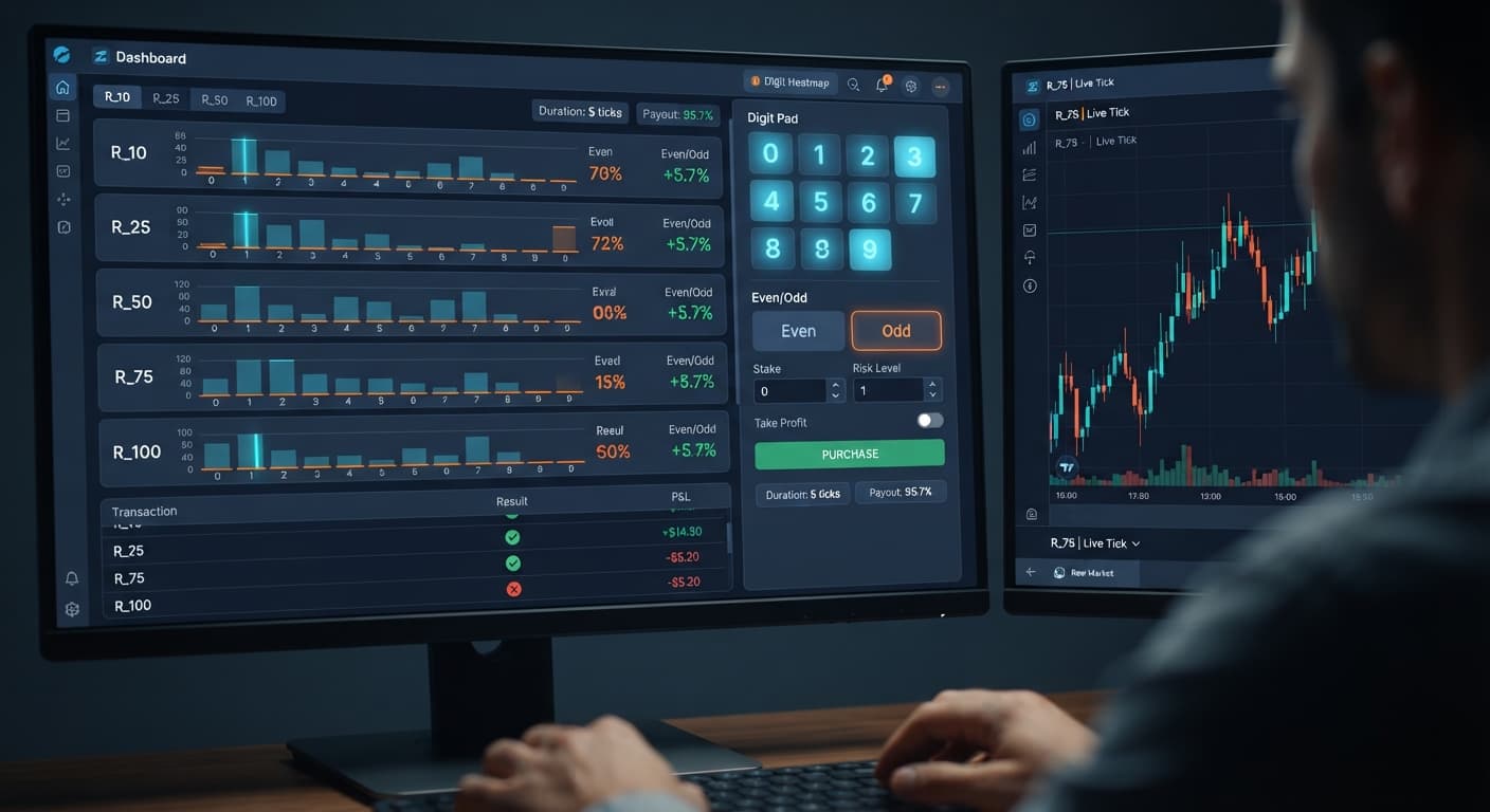 Screenshot of the Digit Pad interface on BinaryBot.live showing the 0-9 digit heatmap used for multi-market trading.