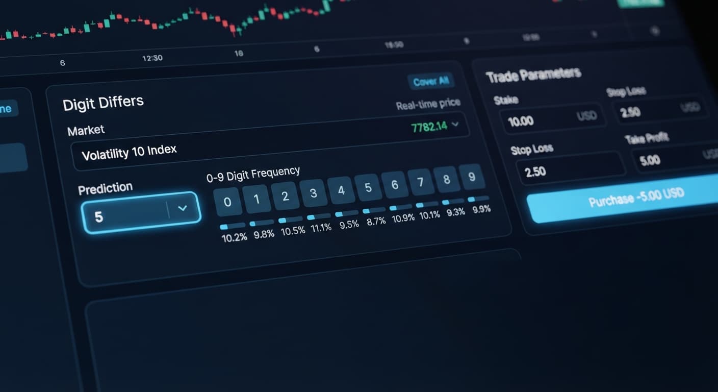 Screenshot of BinaryBot.live showing the Volatility 10 Index digit differs strategy configuration panel with prediction digit 5.